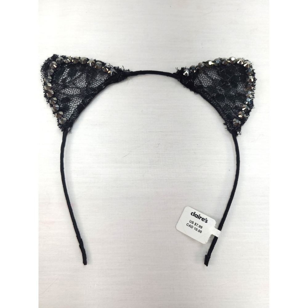 NOS Vtg Claire's Cat Ears Costume Headband Black Cat Panther Rhinestones Lace